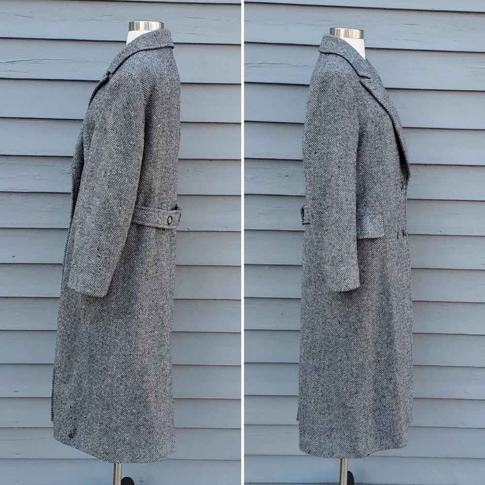 Vintage 80s Pendleton Blue Black Gray Barleycorn Tweed Wool Trench Coat 12‎ - Picture 3 of 8